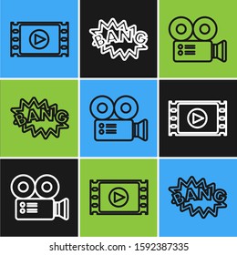 Set line Play Video , Cinema camera  and Bang boom text speech bubble balloon  icon. Vector