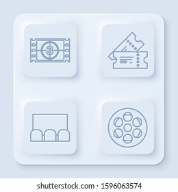 Set line Play Video , Cinema ticket , Cinema auditorium with screen and seats  and Film reel . White square button. Vector