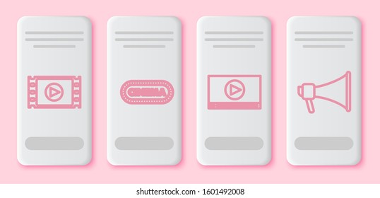 Set line Play Video , Cinema poster design template , Online play video  and Megaphone . White rectangle button. Vector