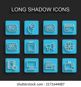Set line Play Video, Cinema auditorium with seats, 3D word, camera, Retro tv, SD card, Film reel and Megaphone icon. Vector