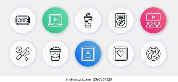 Set line Play Video, Cinema auditorium with screen, Thriller movie, Like heart, CD disk award frame, Paper glass water, Camera shutter and Popcorn cardboard box icon. Vector