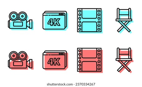 Fijar línea Play Video, cámara de cine, video de reproducción en línea con 4k e icono de la silla de cine Director. Vector
