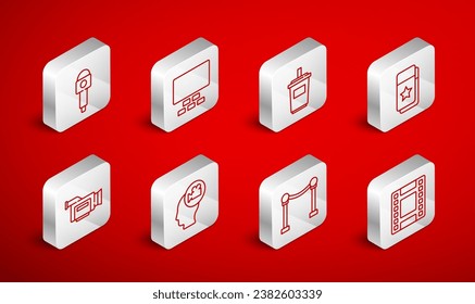 Set line Play Video, Cinema auditorium with seats, Paper glass water, ticket, Rope barrier, Microphone, Head camera and  icon. Vector