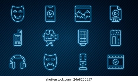 Set line Play Video, Cinema ticket, Music wave equalizer, Retro cinema camera, Light meter, Comedy theatrical mask, Softbox light and Online play video icon. Vector