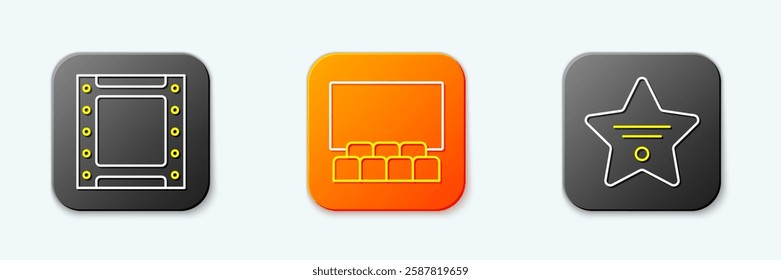 Set line Play video, Cinema auditorium with screen and Walk of fame star icon. Vector