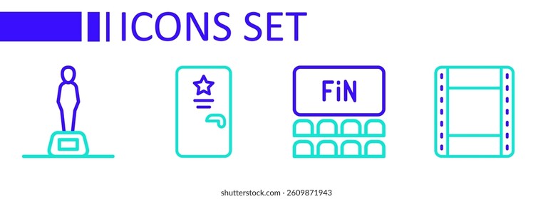 Set line Play video, Cinema auditorium with screen, Backstage and Movie trophy icon. Vector
