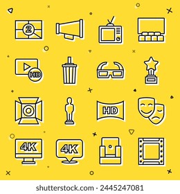 Set line Play video, Comedy and tragedy masks, Movie trophy, Retro tv, Paper glass with water, Hd movie, tape, frame, Old film countdown and 3D cinema glasses icon. Vector