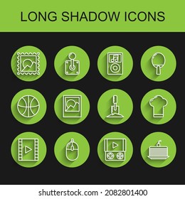 Set line Play Video, Computer mouse, Picture landscape, Portable video game console, Cake, Photo frames, Chef hat and Shovel in the ground icon. Vector