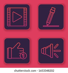 Set line Play Video, Hand like, Pencil with eraser and Speaker volume. Blue square button. Vector