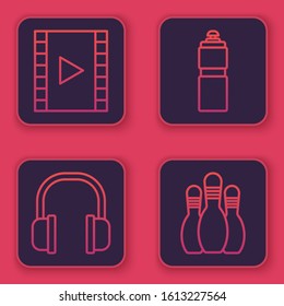 Set line Play Video, Headphones, Fitness shaker and Bowling pin. Blue square button. Vector