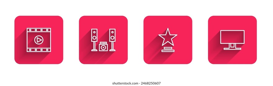 Set line Play Video, Home stereo with two speakers, Movie trophy and Smart Tv with long shadow. Red square button. Vector