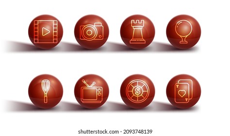 Set line Play Video, Kitchen whisk, Golf ball on tee, Casino chips, Retro tv, Photo camera, Playing cards and Business strategy icon. Vector