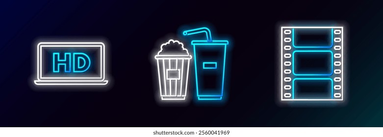 Set line Play Video, Laptop screen with HD video technology and Popcorn and soda drink glass icon. Glowing neon. Vector
