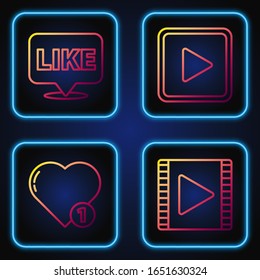 Ponga en línea Play Video, Like and Heart, Like in speech bubble and Play in square. Iconos de color degradado. Vector