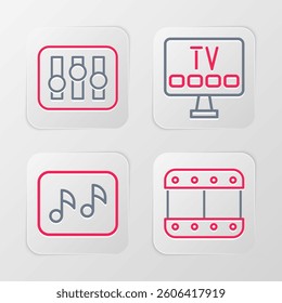 Set line Play video, Music note, tone, Smart Tv and Sound mixer controller icon. Vector