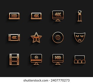 Set line Play Video, Online play video, Laptop screen with HD technology, Computer PC monitor, Hollywood walk of fame star celebrity boulevard, Drama theatrical mask and CD DVD disk icon. Vector svg