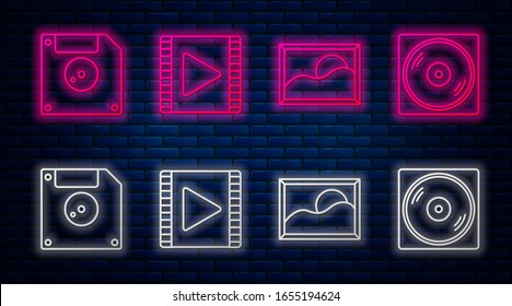 Set line Play Video, Picture landscape, Floppy disk for computer data storage and Vinyl disk. Glowing neon icon on brick wall. Vector