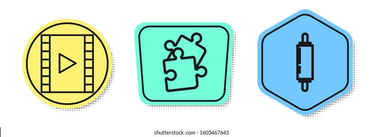 Set line Play Video, Piece of puzzle and Rolling pin. Colored shapes. Vector