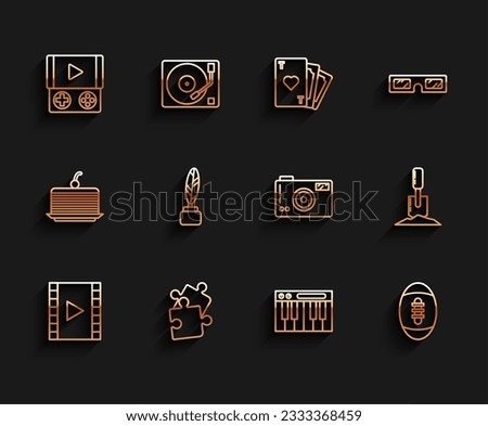 Set line Play Video, Piece of puzzle, Portable video game console, Music synthesizer, American Football ball, Feather and inkwell, Shovel ground and Photo camera icon. Vector
