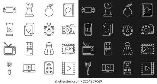 Set line Play Video, Postal stamp, Photo camera, Bomb ready explode, Playing cards, Online play video, Portable game console and Stopwatch icon. Vector