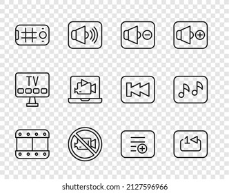 Set line Play video, Repeat track music player, Speaker mute, Prohibition no recording, Selfie mobile, Online, Add to playlist and Music note, tone icon. Vector