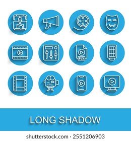Set line Play Video, Retro cinema camera, Gimbal stabilizer with, Online play video, Sound mixer controller, Softbox light and FLV file document icon. Vector