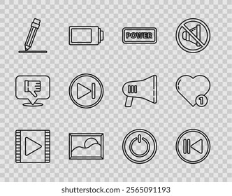 Set line Play Video, Rewind, Power button, Picture landscape, Pencil with eraser, Fast forward,  and Like heart icon. Vector