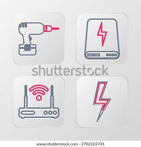 Set line Play Video, Router and wi-fi, Power bank and Drill machine icon. Vector