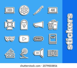 Set line Play Video, Scenario, Popcorn and soda drink glass, Knife, Funny scary ghost mask, Movie spotlight, Laptop screen with HD video technology and Megaphone icon. Vector