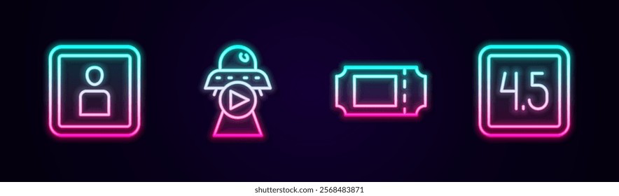 Set line Play Video, Science fiction, Cinema ticket and Rating movie. Glowing neon icon. Vector