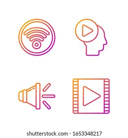 Set line Play Video, Lautsprecher Volume, Wi-Fi WLAN Internet Netzwerk und Head Menschen mit Play-Taste. Farbsymbole. Vektorillustration