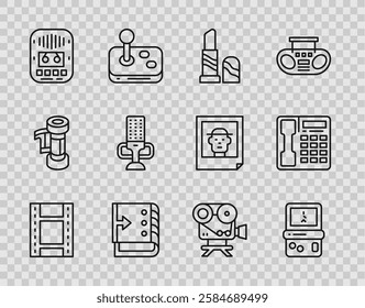 Set line Play Video, Tetris, Lipstick, Sound mixer controller, Cassette tape player, Microphone, Retro cinema camera and Telephone handset icon. Vector