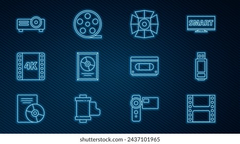 Set line Play Video, USB flash drive, Movie spotlight, CD disk award in frame, 4k movie, tape,, Movie, film, media projector, VHS video cassette and Film reel icon. Vector