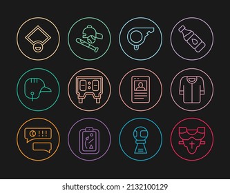 Set line Player chest protector, Baseball t-shirt, Whistle, mechanical scoreboard, helmet, field, card and bat with ball, hat icon. Vector