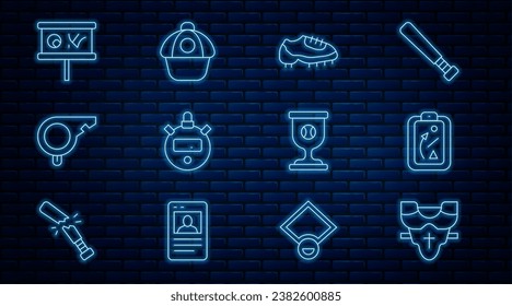 Set line Player chest protector, Planning strategy, Baseball boot, Stopwatch, Whistle, Award cup with baseball and cap icon. Vector