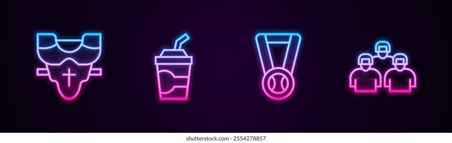 Set line Player chest protector, Paper glass with water, Medal baseball ball and Team of players. Glowing neon icon. Vector