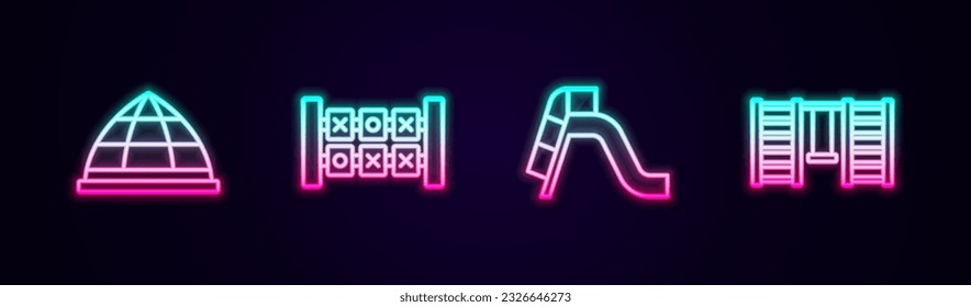 Set line Playground climbing equipment, Education logic game, Slide playground and Swedish wall. Glowing neon icon. Vector
