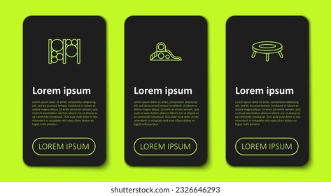 Set line Playground climbing equipment, Slide playground and Jumping trampoline. Business infographic template. Vector