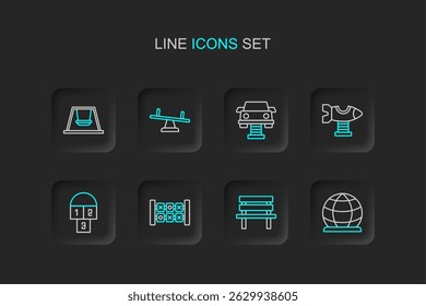 Set line Playground climbing equipment, Bench, Education logic game, Hopscotch, Swing plane, car, Seesaw and Ferris wheel icon. Vector