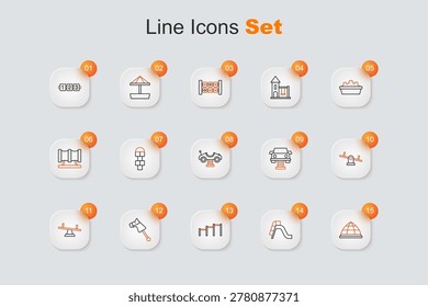 Set line Playground climbing equipment, Slide playground, Sport horizontal bar, Toy horse, Seesaw, Swing car and  icon. Vector