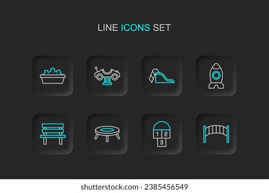 Set line Playground kids bridge, Hopscotch, Jumping trampoline, Bench, Rocket ship toy, Slide playground, Swing car and Sandbox with sand icon. Vector