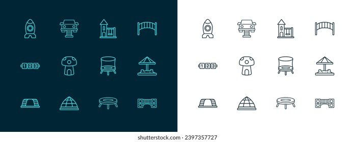 Set line Playground kids bridge, climbing equipment, Jumping trampoline, Mushroom house, Swing for, Rocket ship toy and car icon. Vector