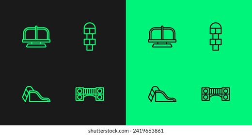 Set line Playground kids bridge, Slide playground, Attraction carousel and Hopscotch icon. Vector