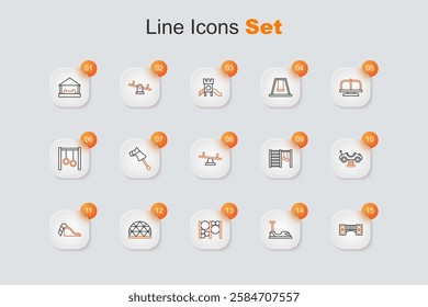 Set line Playground kids bridge, Bumper car, climbing equipment, Slide playground, Swing, Swedish wall and Seesaw icon. Vector