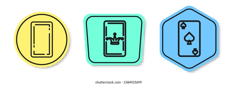 Set line Playing card back, Joker playing card and Playing card with spades symbol. Colored shapes. Vector