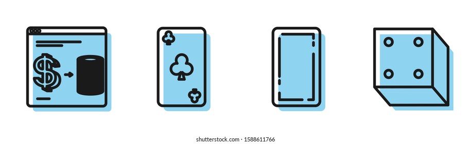 Set line Playing card back, Online casino chips exchange on stacks of dollars, Playing card with clubs symbol and Game dice icon. Vector