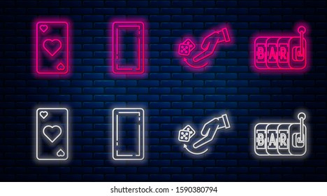 Set line Playing card back, Human hand throwing game dice, Playing card with heart symbol and Slot machine. Glowing neon icon on brick wall. Vector