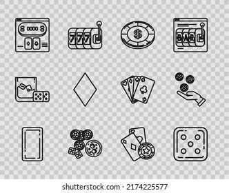 Set Line Playing Card Back, Game Dice, Casino Chip With Dollar Symbol, Chips, Game And Glass Of Whiskey Cubes, Online Poker Table, Diamonds, Playing Cards And Hand Holding Casino Icon. Vector