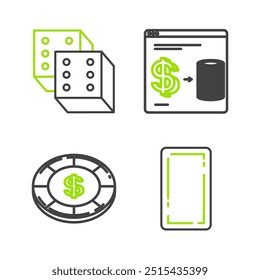 Set line Playing card back, Casino chip with dollar symbol, Online casino chips exchange on stacks of dollars and Game dice icon. Vector