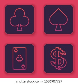 Set line Playing card with clubs symbol, Playing card with clubs symbol, Playing card with spades symbol and Dollar symbol. Blue square button. Vector